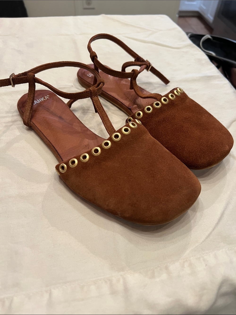 Ulanka barefoot Brown Suede T-Strap Flats with Gold Eyelets